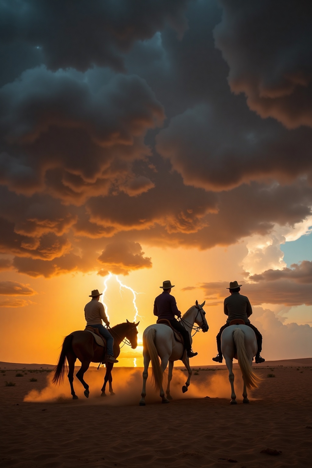 Stormy_Cloudscape,  The photograph captures a serene moment as three riders traverse the wide expanse of the desert,  silh...