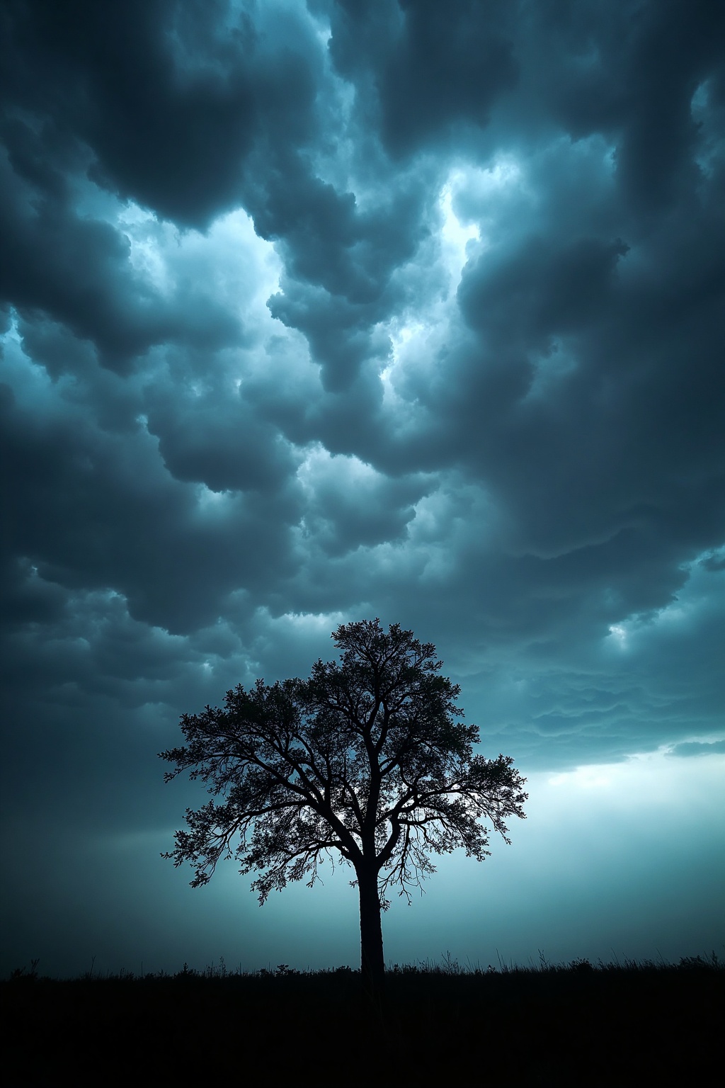 Stormy_Cloudscape,  The photo captures a single,  enduring tree silhouetted against an ominous sky on Tensor.Art