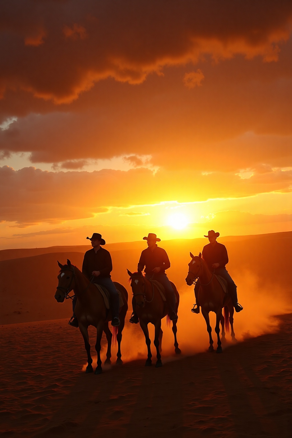 Stormy_Cloudscape,  The photograph captures a serene moment as three riders traverse the wide expanse of the desert,  silh...