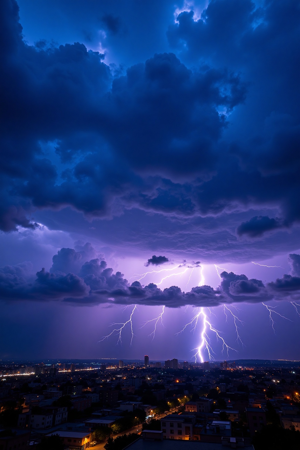 Stormy_Cloudscape,  In the evening hours,  a captivating thunderstorm unfolds above a bustling cityscape. The intense blue...