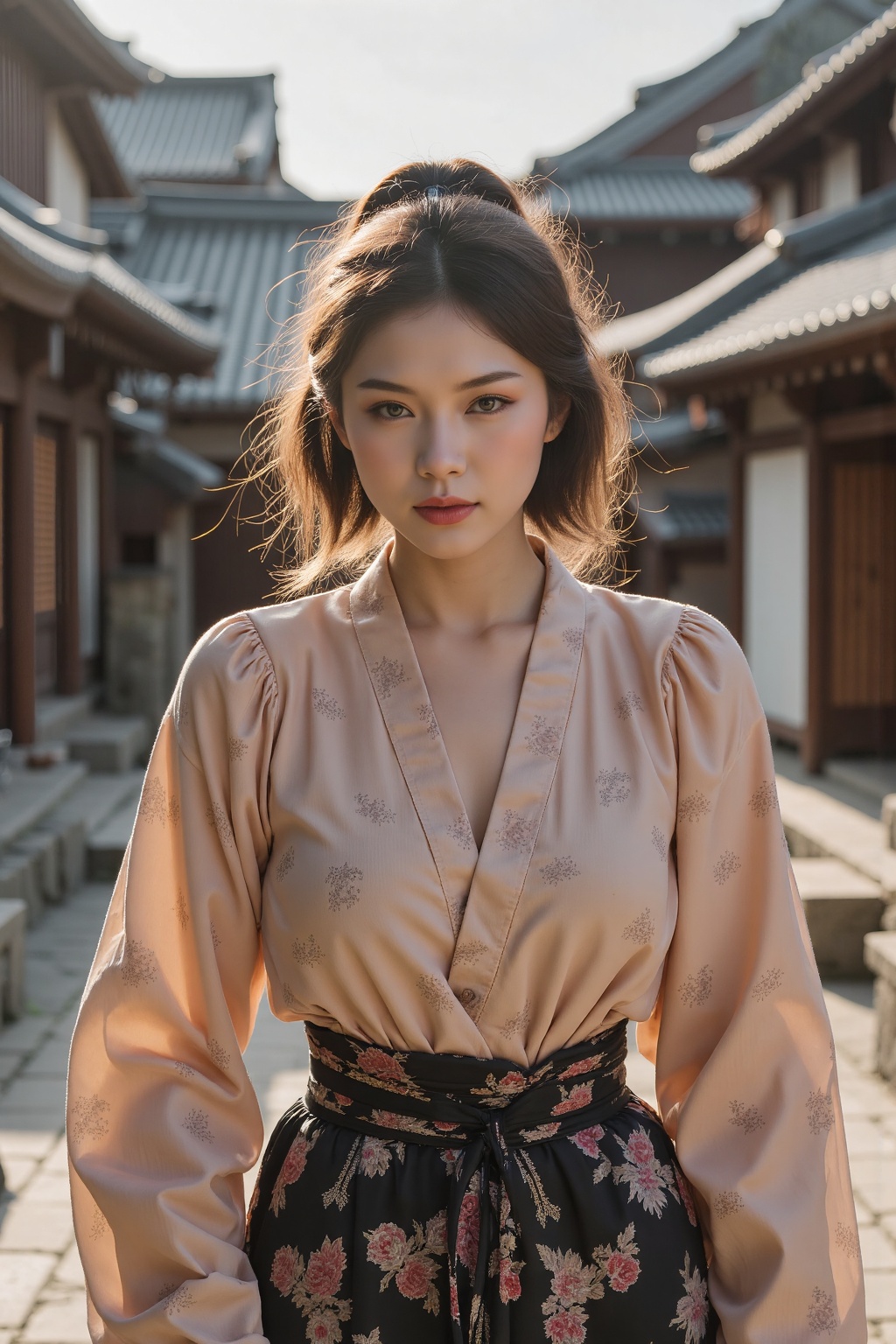 editorial style portrait of a cute japanese asian 25yo girl posing in an ancient Japan village,  ultra-realistic,  trendin...