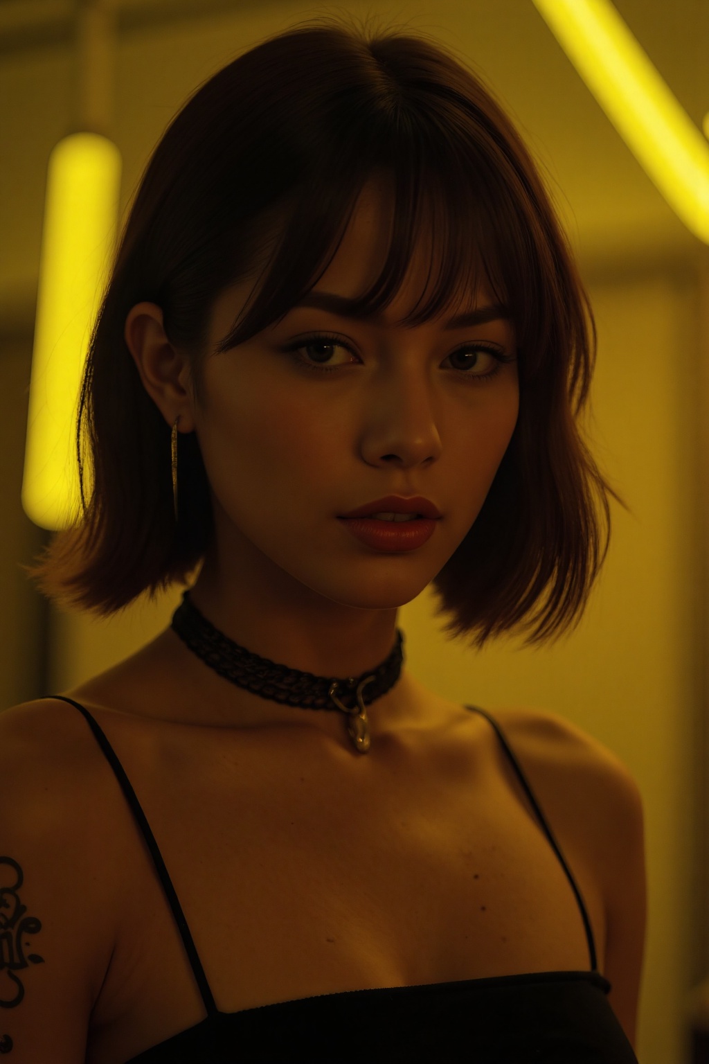 cinematic shot,  close-up portrait of a young woman with short dark hair,  wearing a black top and choker necklace on Tens...