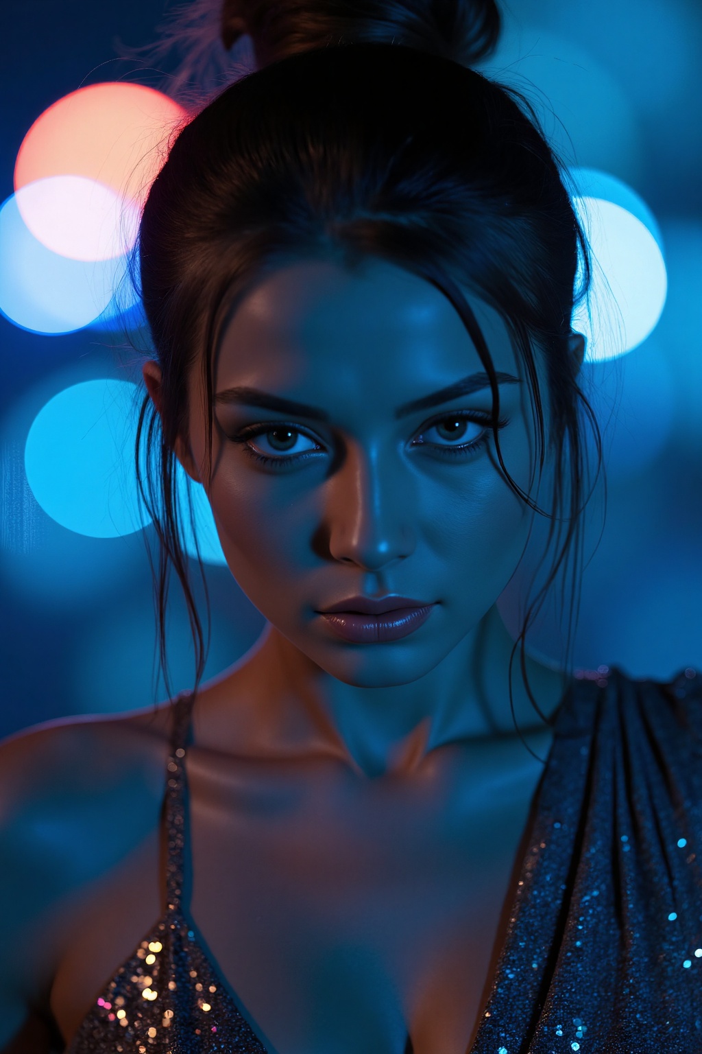 cinematic shot,  close-up portrait of a beautiful woman with intense gaze,  wearing a shimmering sequined outfit with deep...