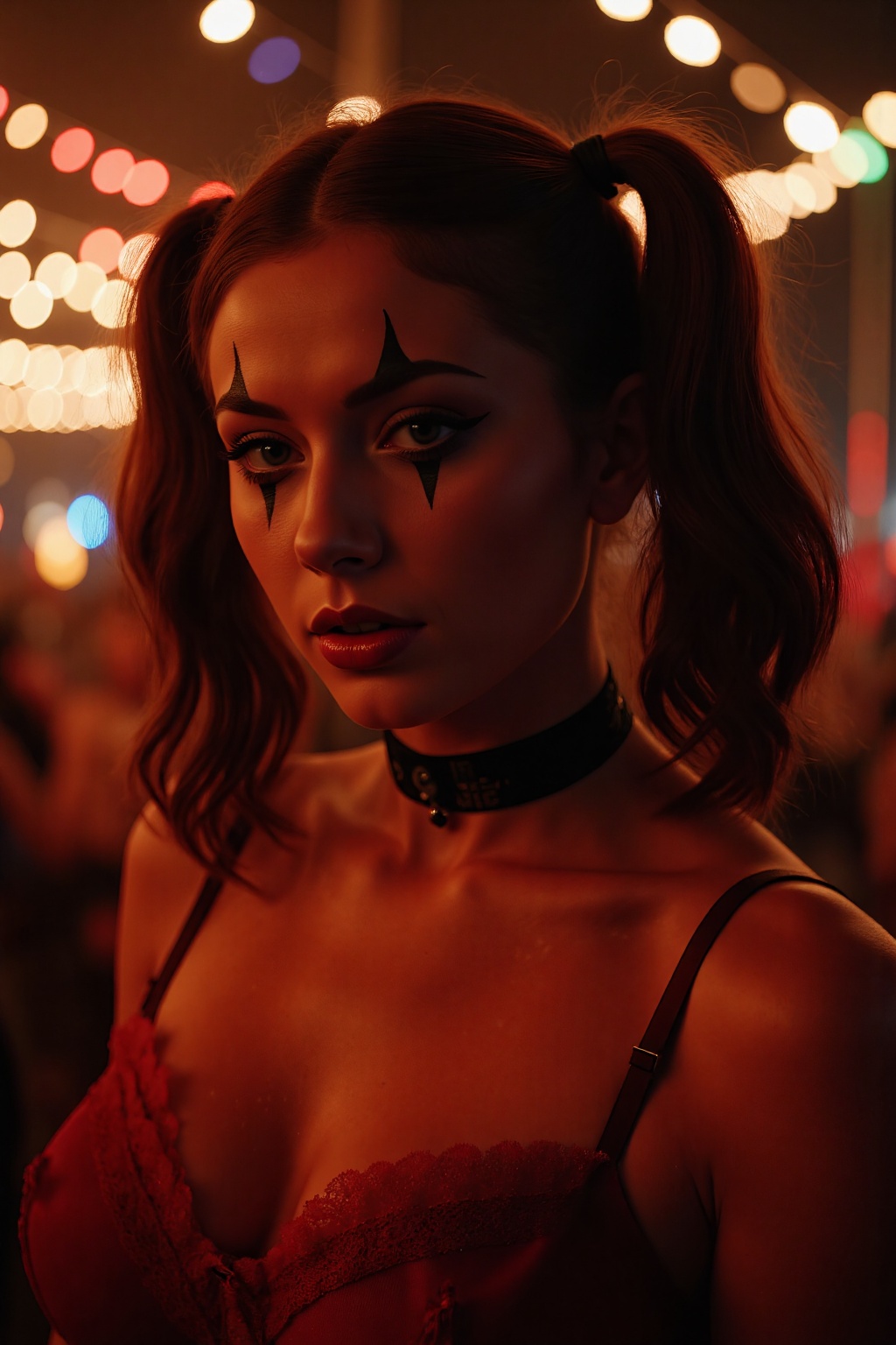 cinematic shot,  close-up portrait of a woman in clown makeup with dramatic black and red details,  styled in pigtails on...