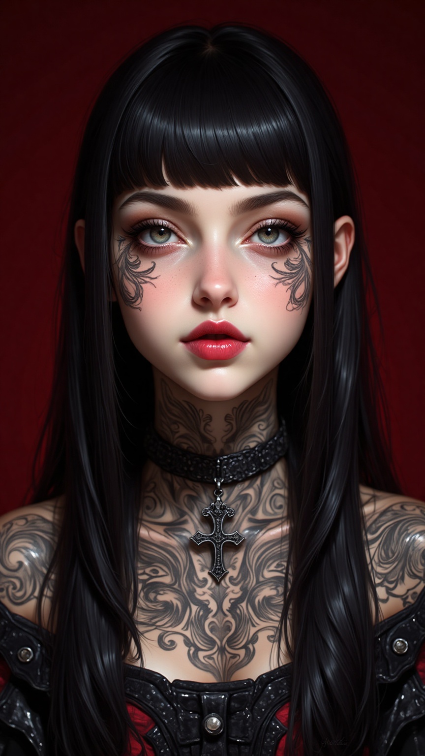 Create a digital portrait of a young woman with striking features,  including long black hair and a blunt fringe. She has...