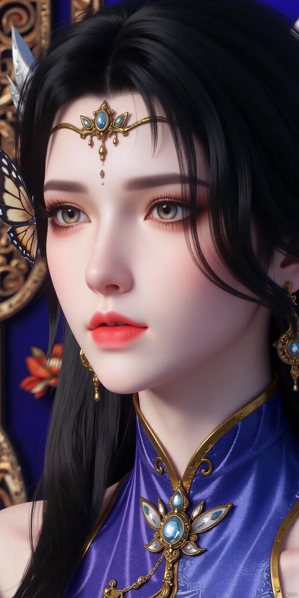 8k image quality, half body, solo, a girl, black, long hair, headwear, earrings, exquisite, a butterfly, covering one eye, attached to the face. This woman has a ruthless aesthetic, surreal and fantastical, featuring butterflies, oil paper umbrellas, classical clothing, jewelry decorations, blue, red, and white, delicate skin textures, bright eyes, exquisite makeup, mystery, elegance, and romance