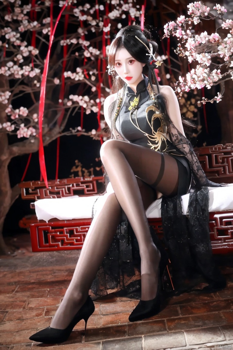 1girl, solo, long hair, black hair, gloves, dress, sitting, full body, flower, pantyhose, pointy ears, black dress, high heels, black pantyhose, chinese clothes, china dress