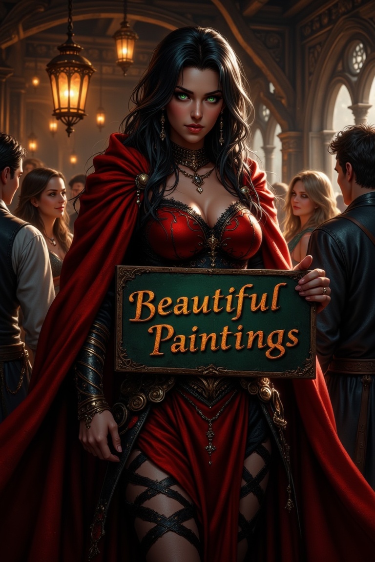 A dimly lit tavern,  a sultry Dacotracian warrioress stands confidently. Her piercing green eyes gleam with mischief benea...
