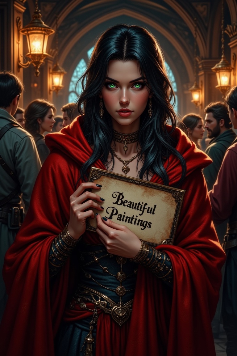 A dimly lit tavern,  a sultry Dacotracian warrioress stands confidently. Her piercing green eyes gleam with mischief benea...