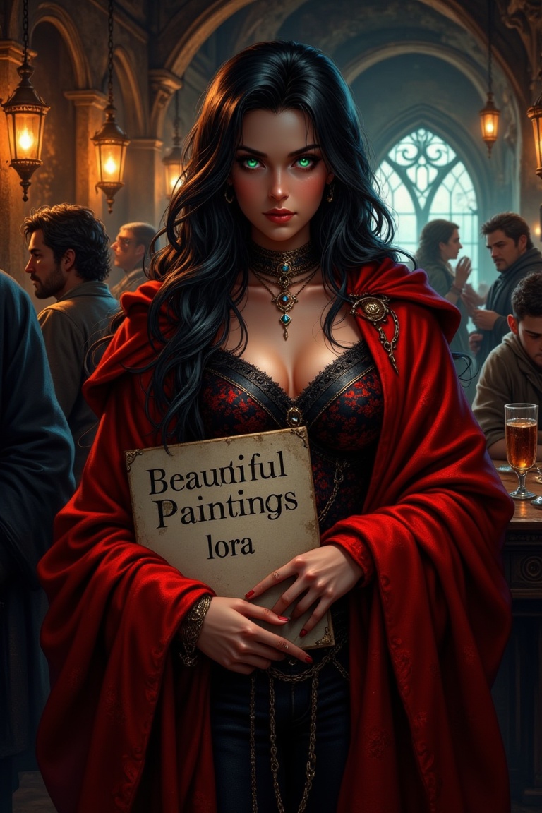 A dimly lit tavern,  a sultry Dacotracian warrioress stands confidently. Her piercing green eyes gleam with mischief benea...