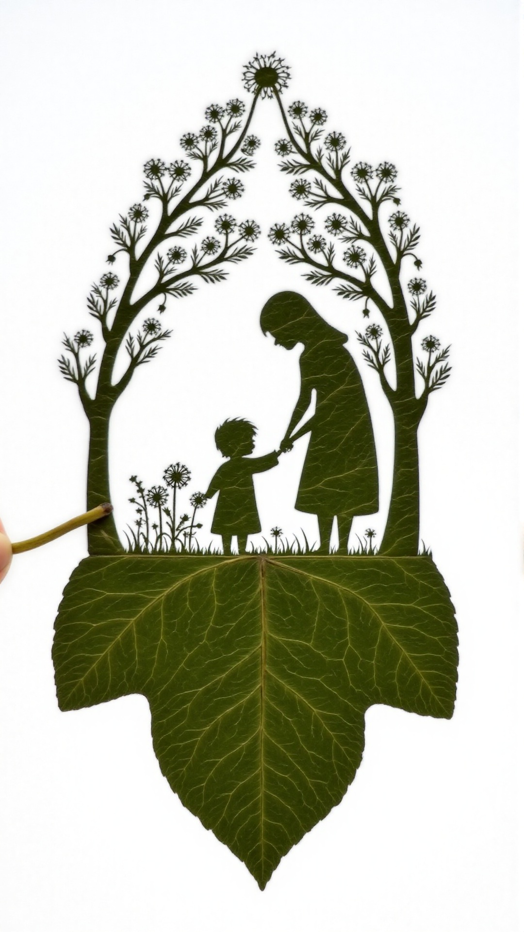 a green leaf is adorned with a black silhouette of a woman and a child. The woman is holding the child's hand,  while the...
