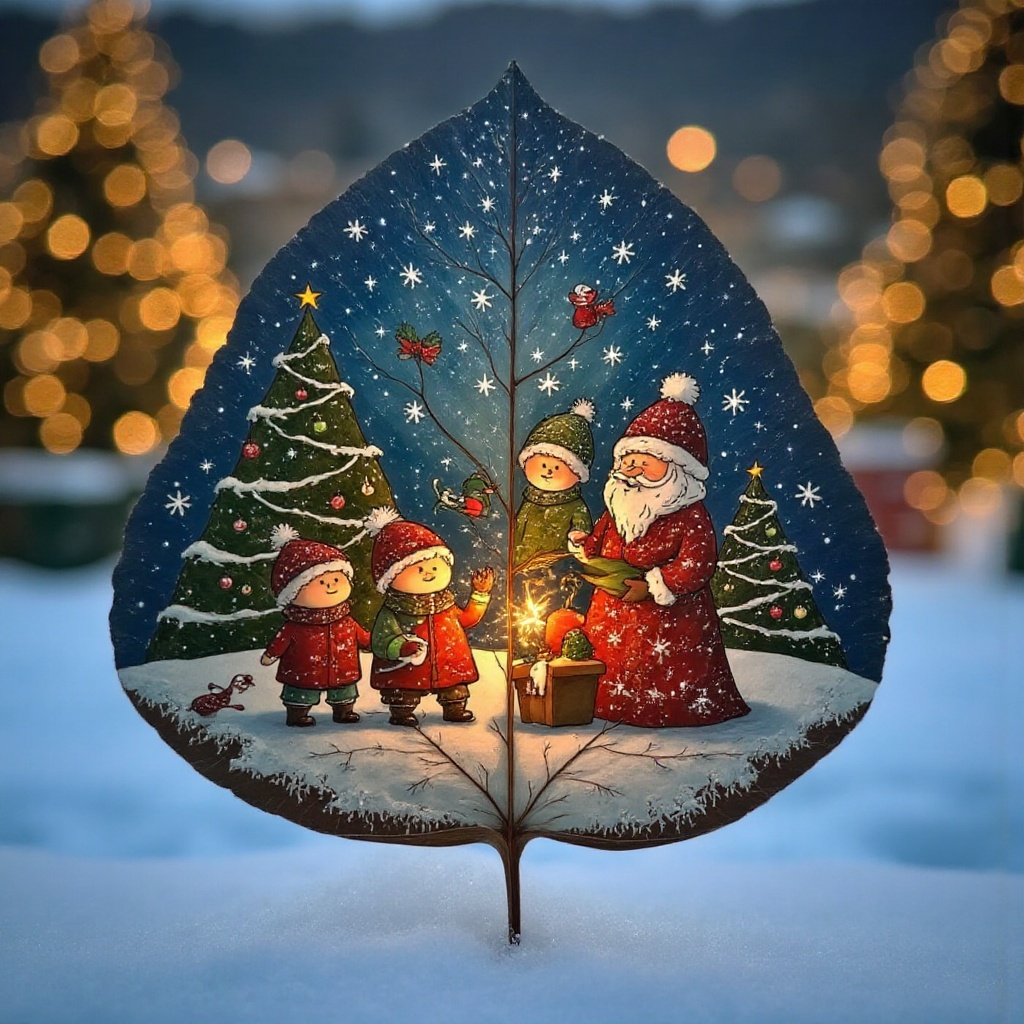 Leaf artwork,  display a family scene in Christmas,  background is winter and Xmas atmosphere on Tensor.Art