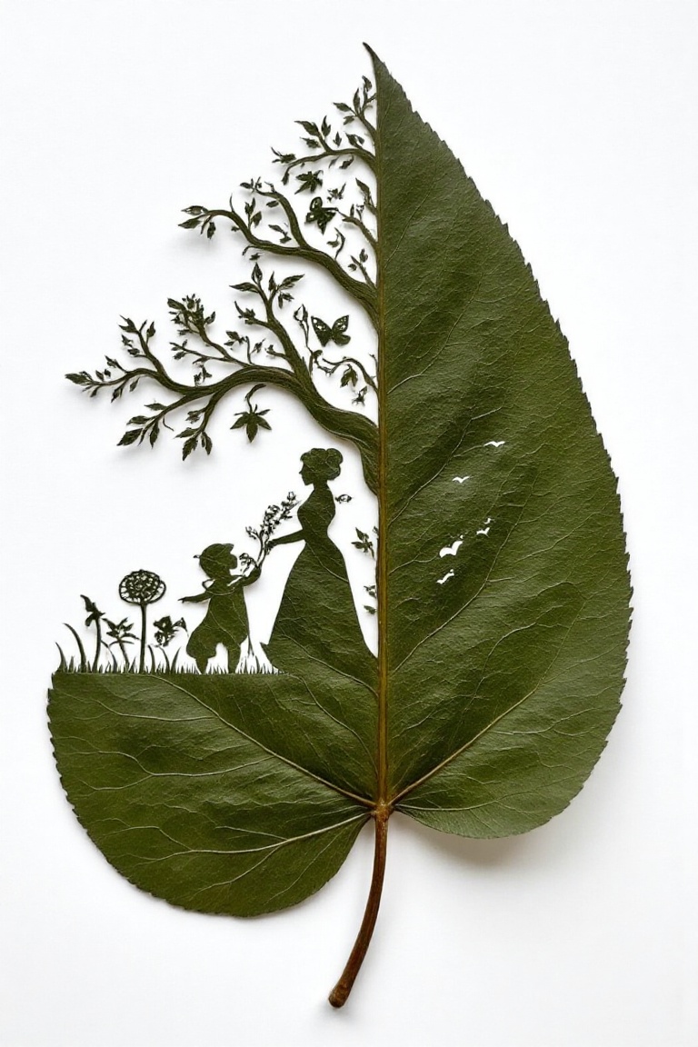 leaf Art masterpiece,  highly detailed cut help the art becomes stunning leaf,  displaying inside it the shape of an elega...