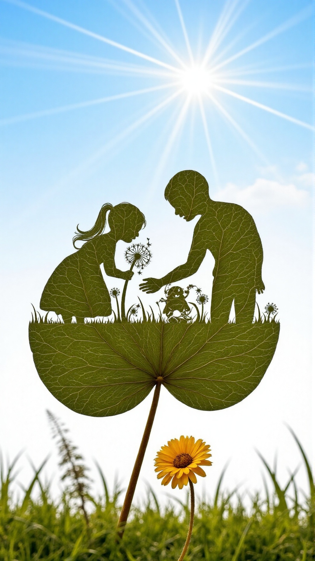 Softly lit sunlight filters through the sky's blue canvas as a tender moment unfolds on a delicate green leaf. A father an...