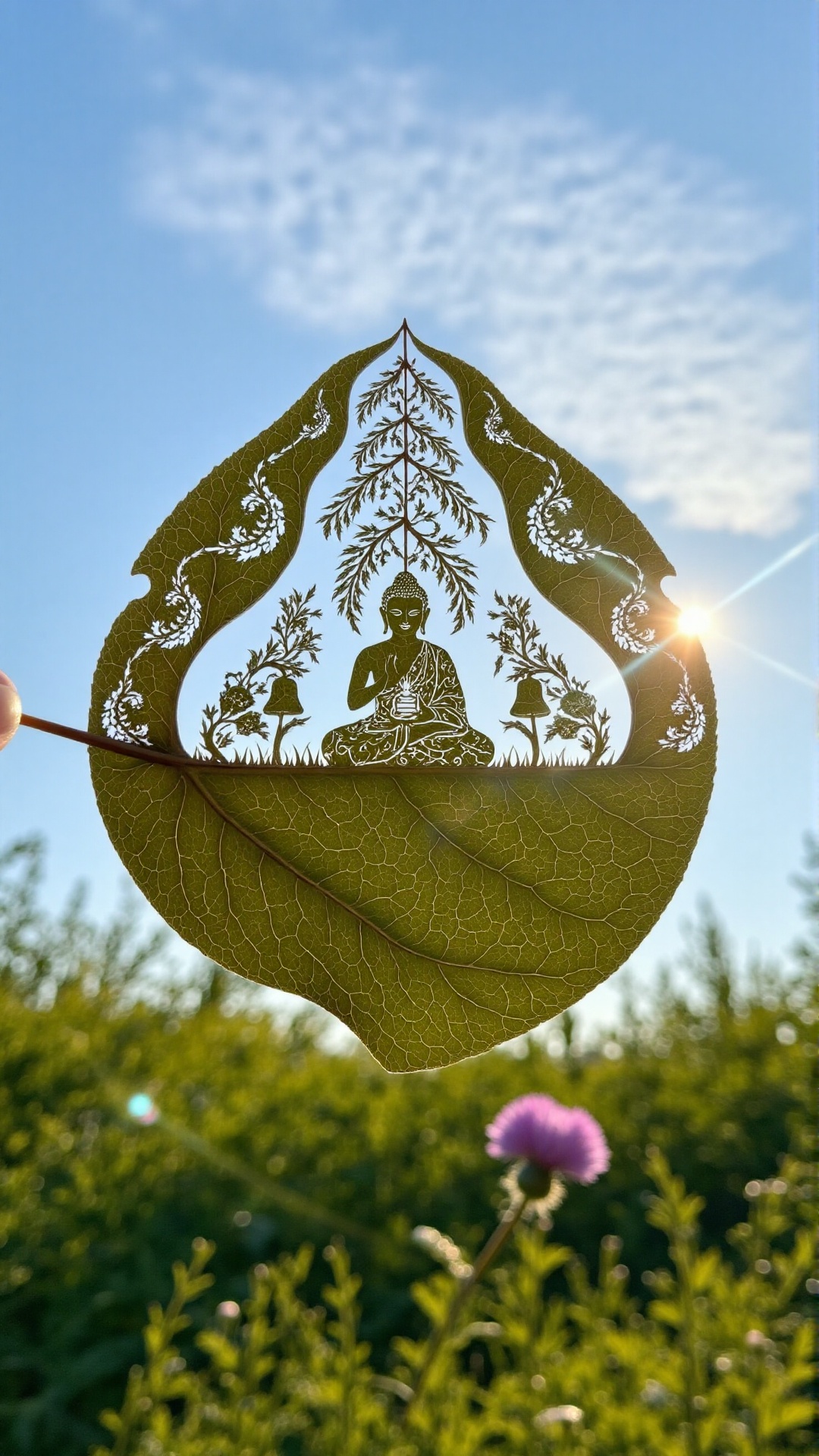 A serene moment unfolds on a delicate green boho leaf,  softly lit by sunlight filtering through the sky's blue canvas. Bu...