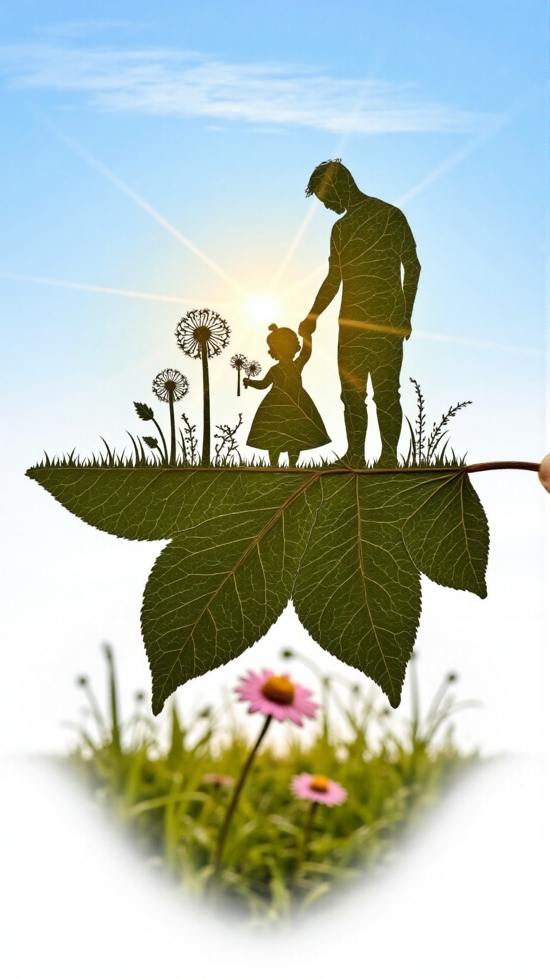 Softly lit sunlight filters through the sky's blue canvas as a tender moment unfolds on a delicate green leaf. A father an...