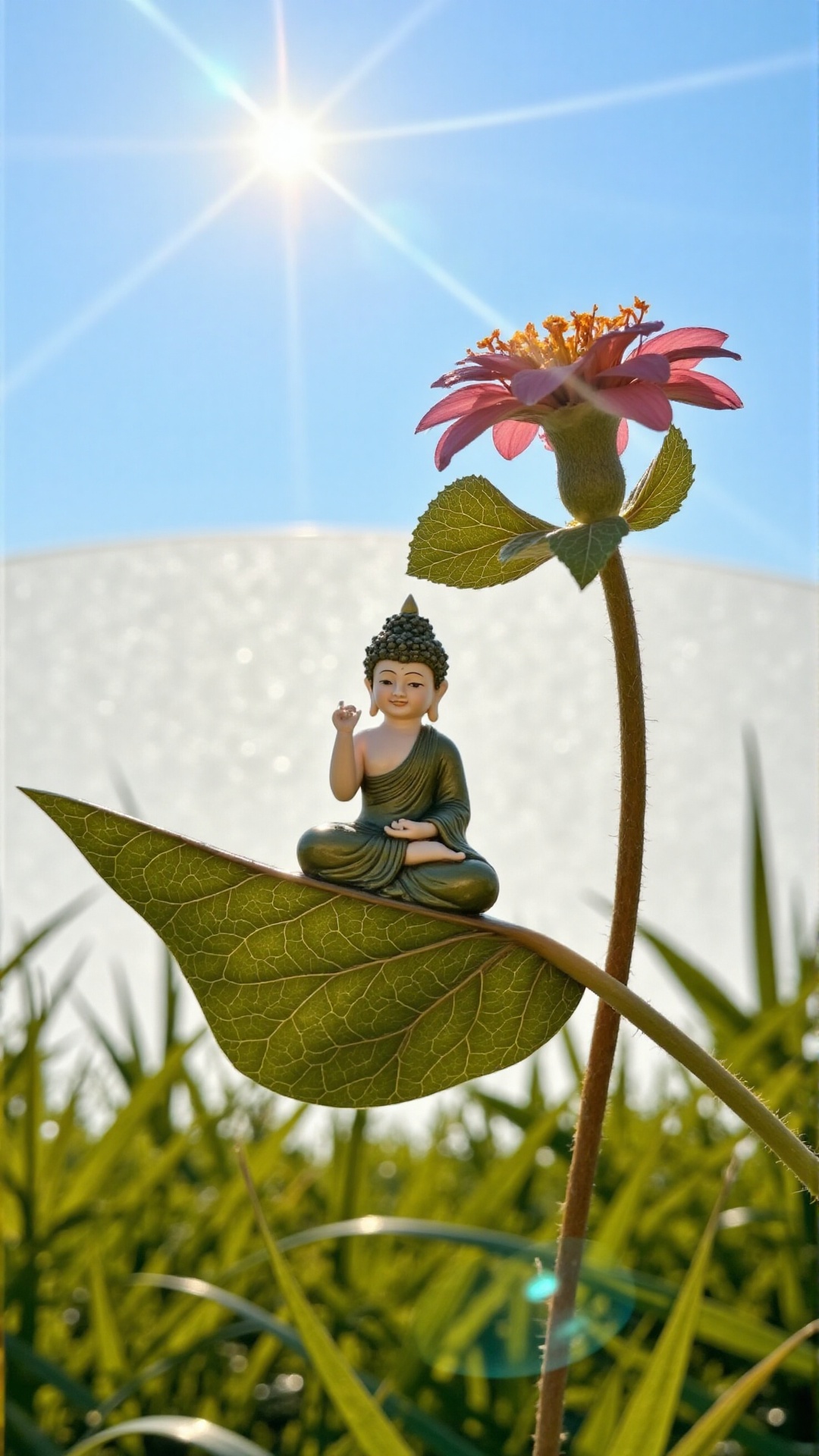 A serene scene unfolding: Softly lit sunlight filters through the sky's blue canvas as Buddha sits contemplatively on a lo...