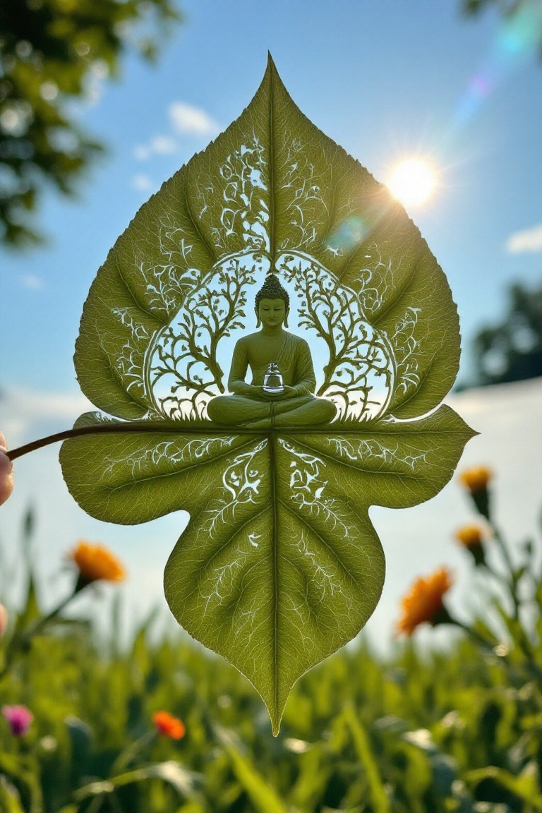 A serene moment unfolds on a delicate green boho leaf,  softly lit by sunlight filtering through the sky's blue canvas. Bu...