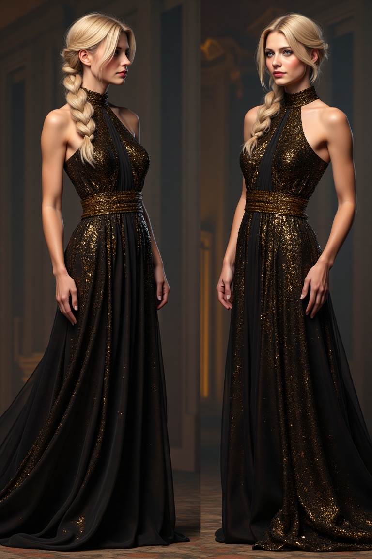 Semi-realistic scene with multiple views of a woman,  blonde hair in a braid,  wearing a glittery black and gold gown. The...