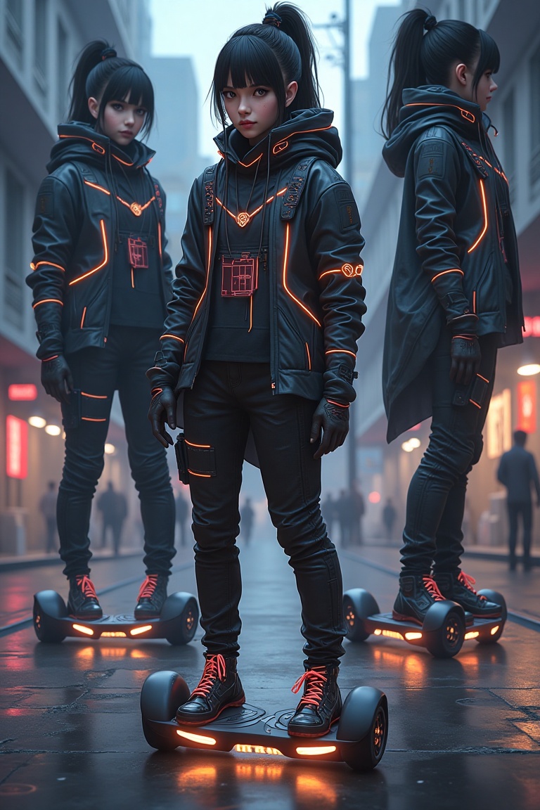 Semi-realistic scene with multiple views of a girl in cybernetic clothing,  riding a hoverboard. The first view is a front...