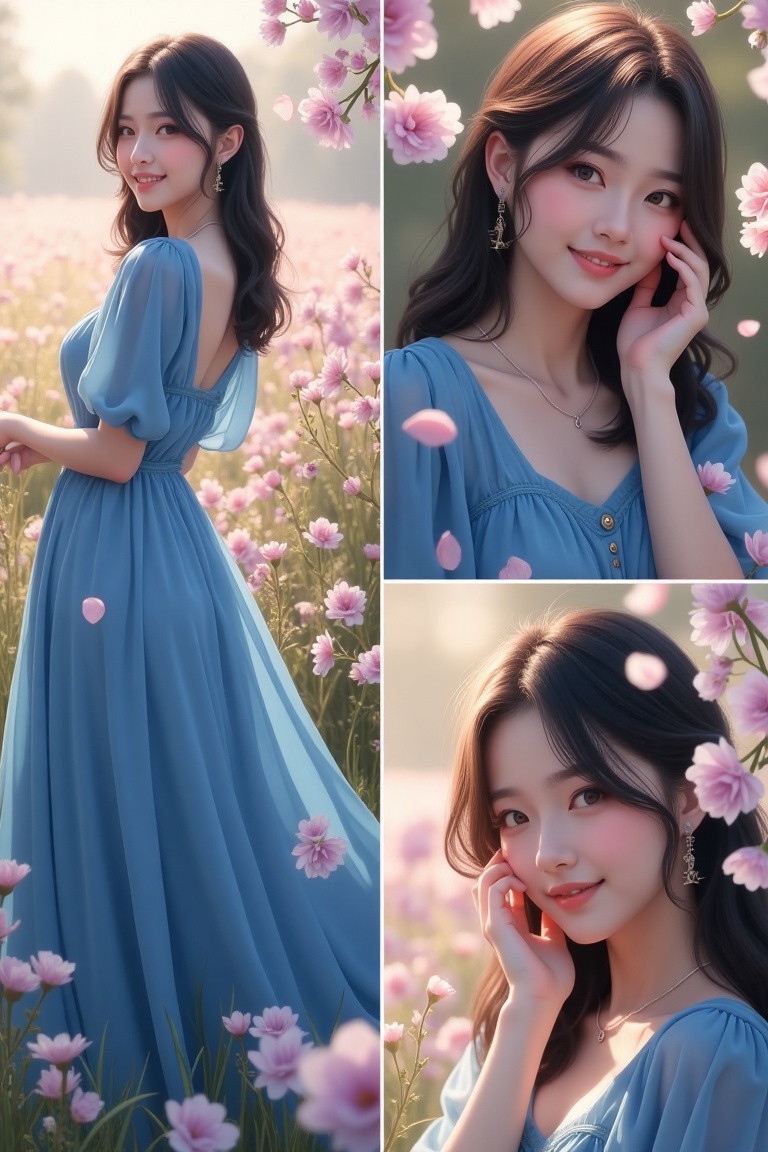 Semi-realistic scene with multiple views of a cute,  pretty woman in a blue dress surrounded by flowers. The first view is...