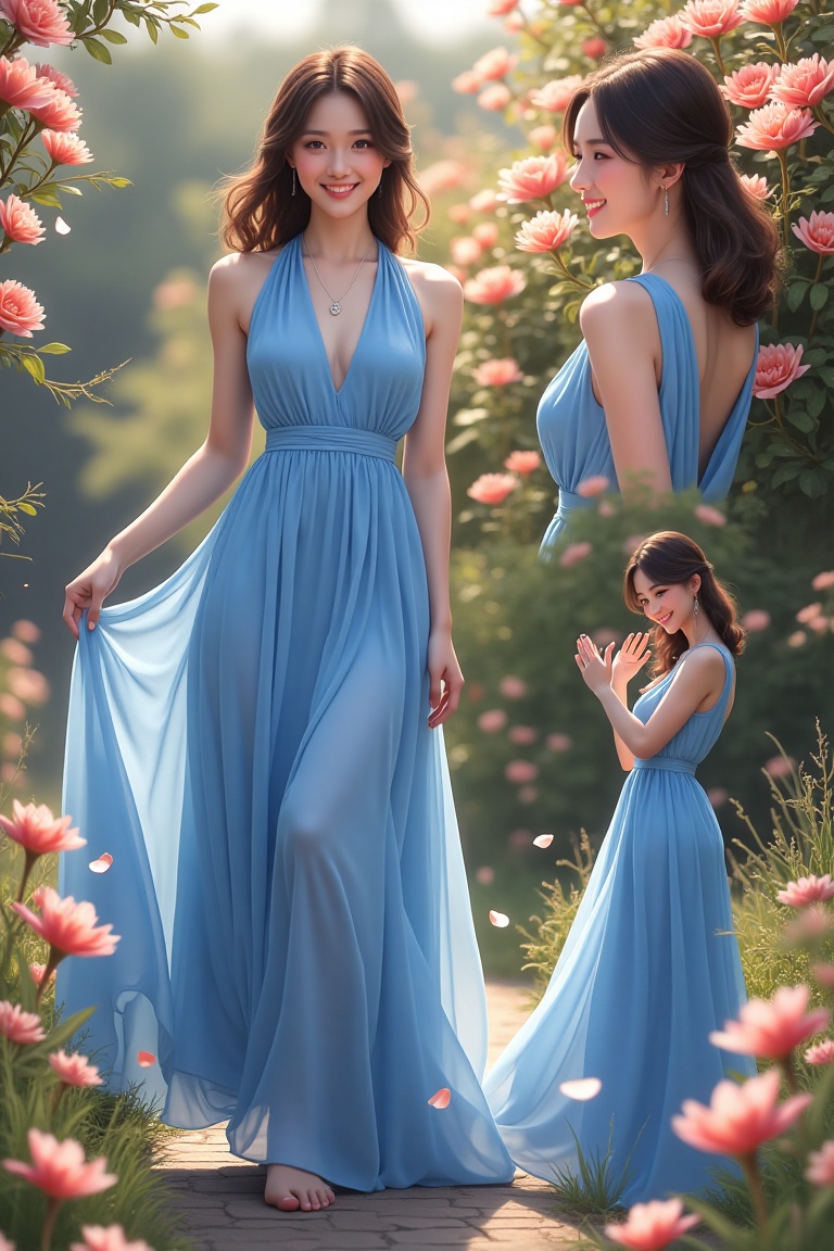 Semi-realistic scene with multiple views of a cute,  pretty woman in a blue dress surrounded by flowers. The first view is...