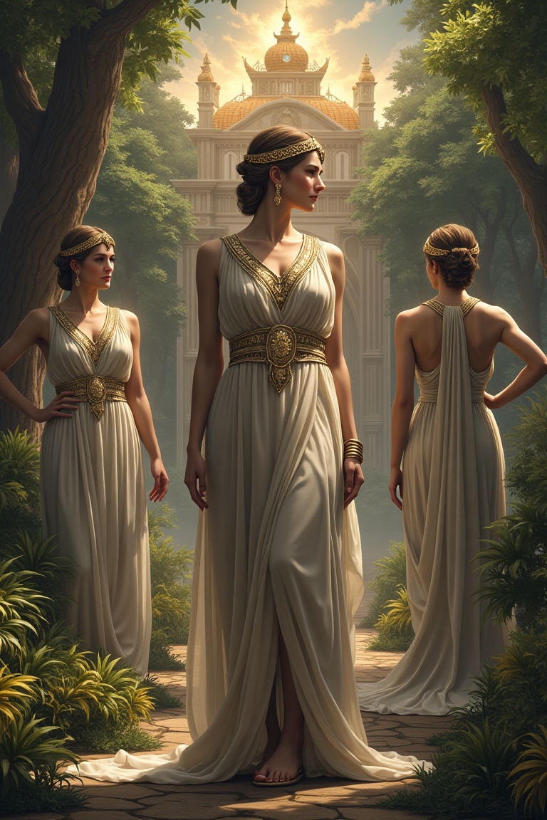 Semi-realistic scene with multiple views of a Greek goddess in majestic attire,  standing in a paradise setting with a mag...