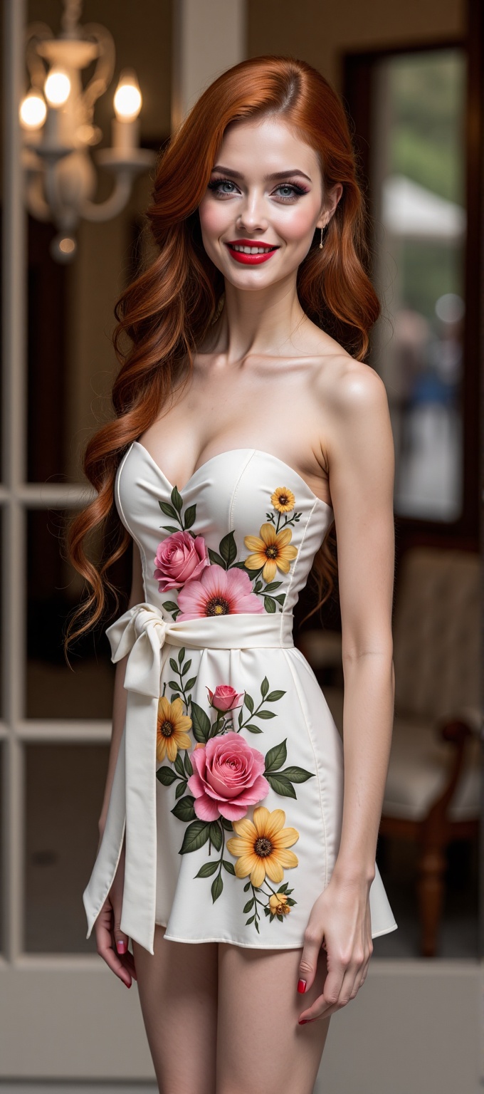 Generate hyper realistic image of a Barbie doll-like model with long,  flowing red hair and striking blue eyes,  looking d...