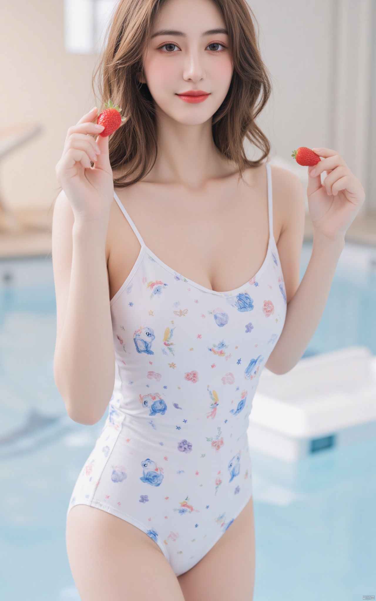 The image features a beautiful young woman standing in a swimming pool. She was wearing a swimsuit with unicorn patterns p...