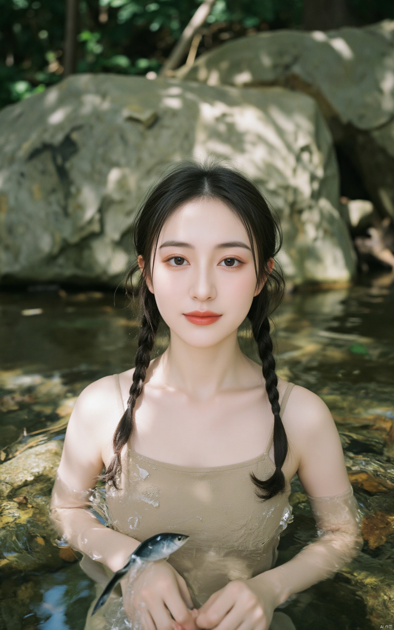 A photograph of beautiful hubggirl, (super realistic, best quality:1.25), depth, cinematic light, 
BREAK
Korean woman in mountain stream, half-submerged, cool water, sunlight/shadows, double ponytails floating, braids around body, relaxed posture, half-closed eyes, content smile, lush trees, fallen leaves, fish, harmonious with nature.
BREAK
perfect hands, perfect light, vibrant colors, intricate details, highly detailed skin, pale skin, 
photorealistic, raw, analog,  taken by Sony Alpha 7R IV, Zeiss Otus 85mm F1.4, ISO 100 Shutter Speed 1/400, Vivid picture, intricate background,