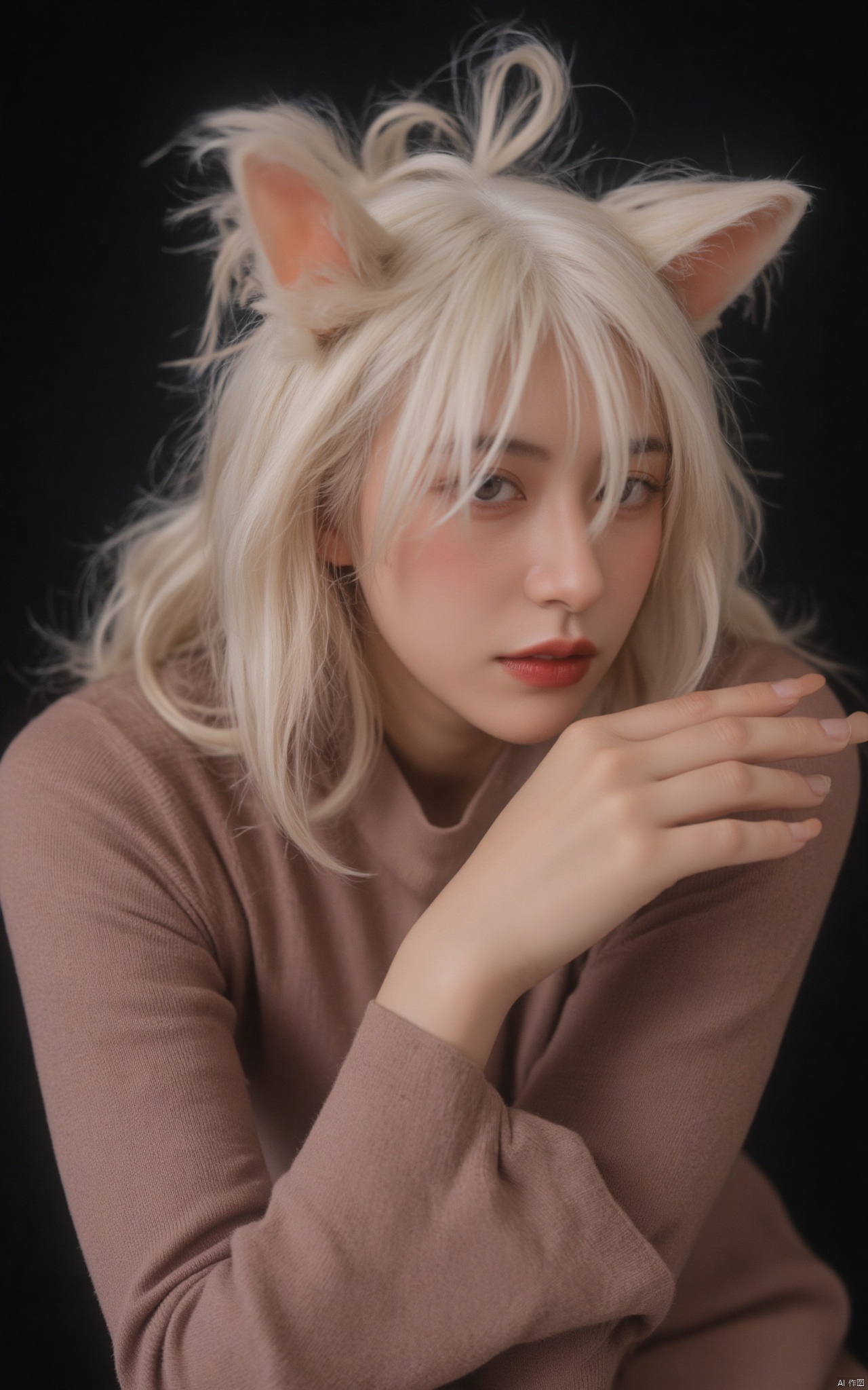 A photograph of beautiful hubggirl, (super realistic, best quality:1.25), depth, cinematic light, 
BREAK
Solo hubggirl, ultra-wide view, short wavy white hair, bangs, cat ears, red eyes, long nails, long-sleeved top, black bg, dynamic light, androgynous, 1 focused elem.
BREAK
perfect hands, perfect light, vibrant colors, intricate details, highly detailed skin, pale skin, 
photorealistic, raw, analog,  taken by Sony Alpha 7R IV, Zeiss Otus 85mm F1.4, ISO 100 Shutter Speed 1/400, Vivid picture, intricate background,