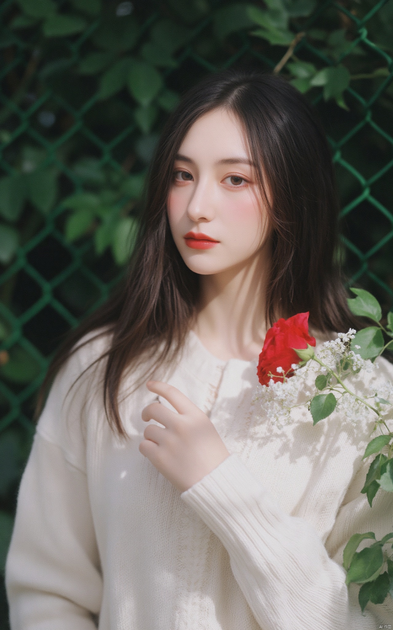 A photograph of beautiful hubggirl, (super realistic, best quality:1.25), depth, cinematic light, 
BREAK
Young woman, long black hair, white knitted sweater, holding red rose & bouquet of baby's breath, against green chain-link fence.
BREAK
perfect hands, perfect light, vibrant colors, intricate details, highly detailed skin, pale skin, 
photorealistic, raw, analog,  taken by Sony Alpha 7R IV, Zeiss Otus 85mm F1.4, ISO 100 Shutter Speed 1/400, Vivid picture, intricate background,