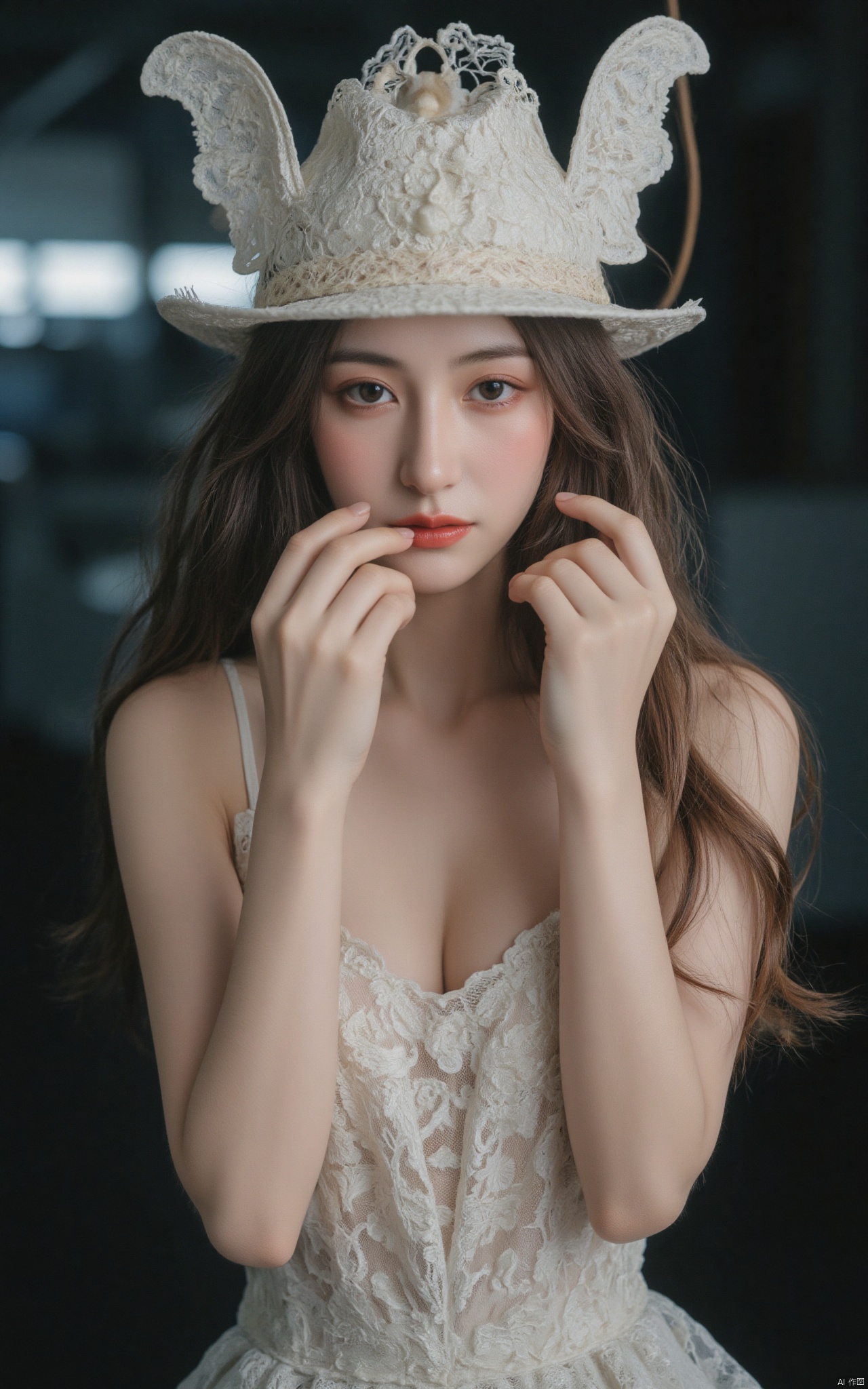 A photograph of beautiful hubggirl, (super realistic, best quality:1.25), depth, cinematic light, 
BREAK
hubggirl, lace filigree mask, detailed hat w/ white mouse, stained wet mossy textures, ruddy complexion, pink lipstick, extravagant dress, various impressions, white hat w/ tiny mouse in raindrop, half body 8k shot.
BREAK
perfect hands, perfect light, vibrant colors, intricate details, highly detailed skin, pale skin, 
photorealistic, raw, analog,  taken by Sony Alpha 7R IV, Zeiss Otus 85mm F1.4, ISO 100 Shutter Speed 1/400, Vivid picture, intricate background,