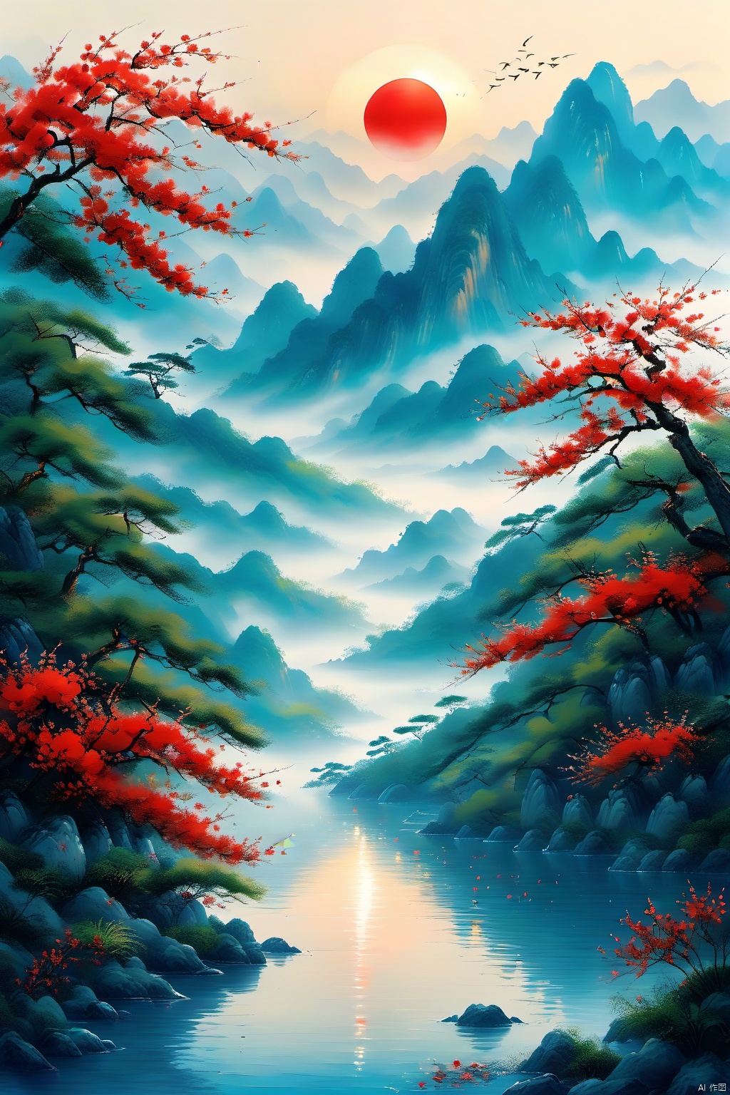  guofengshanshuihua,A picturesque scene with the grandeur of Chinese red, poetic elegance, and traditional elements, overlooking a tranquil river with the sun rising, crimson flowers floating on the water, and an ethereal mist enveloping the mountains. The scene exudes a sense of timeless beauty and harmony, capturing the essence of spring with deep green river waters, sparkling blue gemstones, and fresh, vivid colors. The entire landscape appears as if the heavens and earth have converged, creating a mesmerizing and serene atmosphere. The detailed depiction of the surroundings should have the best quality (4k,8k,highres,masterpiece:1.2) and be ultra-detailed with a realistic, photorealistic style (photo-realistic:1.37). The lighting should emphasize studio lighting, sharp focus, vivid colors, and an overall sense of tranquility.