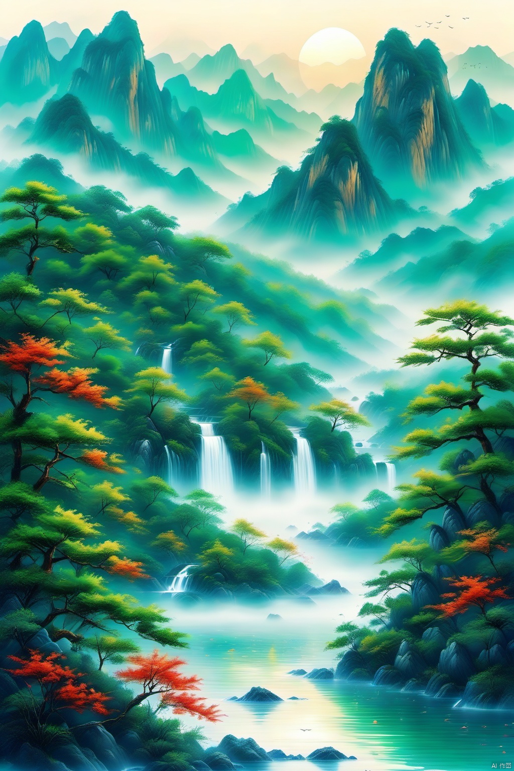  guofengshanshuihua,piritual mountain,beautiful colors,crystal clear water,misty atmosphere,mountains rising and falling,lush green trees,flowing water,wondrous beauty,(best quality,4k,8k,highres,masterpiece:1.2),ultra-detailed,(realistic,photorealistic,photo-realistic:1.37),HDR,UHD,studio lighting,landscape,vivid colors,sharp focus