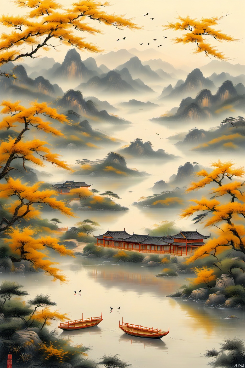  guofengshanshuihua,Tranquil riverside scene, lush water grass, distant yellow oriole bird, rainy ambiance, empty boat in the water, serene atmosphere, traditional Chinese landscape painting, realistic, high detailed
