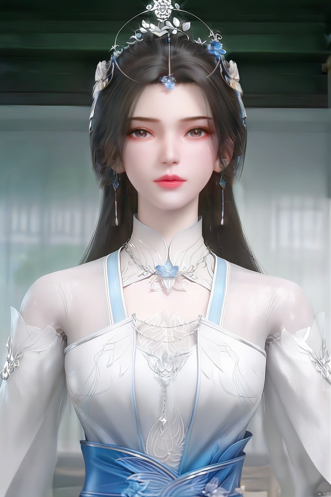 parametersscore_9,score_8_up,score_7_up,source_anime,
1girl, solo, long hair, looking at viewer, brown hair, black hair, hair ornament, long sleeves, dress, jewelry, upper body, earrings, indoors, white dress, sash, chinese clothes,
highly detailed,ultra-high resolution,32K UHD,sharp focus,best-quality,masterpiece,