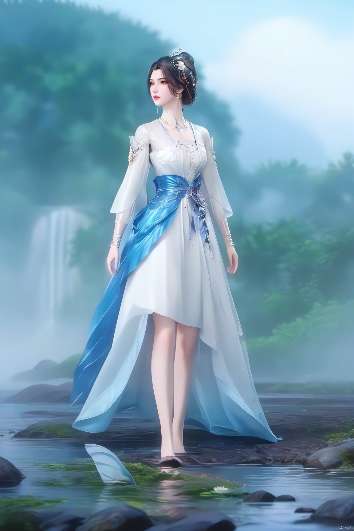 parametersscore_9,score_8_up,score_7_up,source_anime,
1girl, solo, brown hair, black hair, hair ornament, dress, jewelry, full body, water, hair bun, white dress, sash, bare legs, wading,
highly detailed,ultra-high resolution,32K UHD,sharp focus,best-quality,masterpiece,