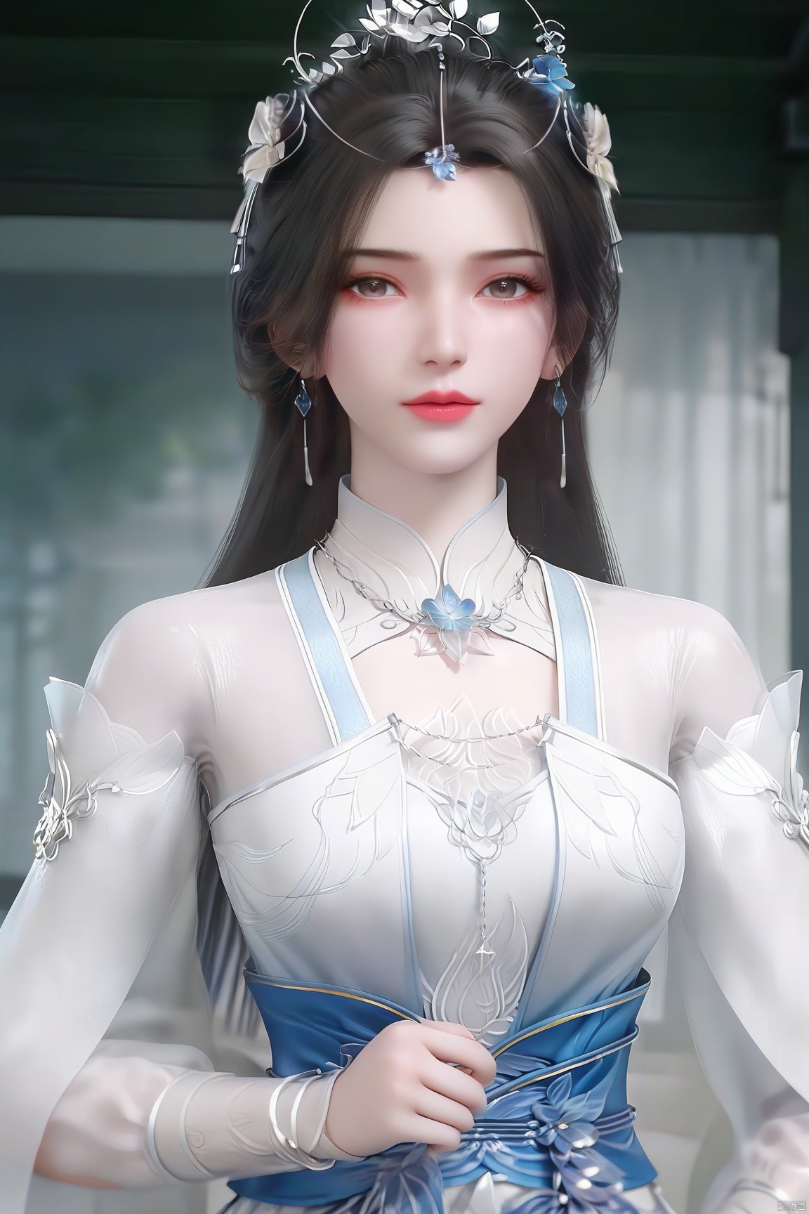parametersscore_9,score_8_up,score_7_up,source_anime,
1girl, solo, long hair, looking at viewer, brown hair, black hair, hair ornament, long sleeves, dress, jewelry, upper body, earrings, indoors, white dress, sash, chinese clothes,
highly detailed,ultra-high resolution,32K UHD,sharp focus,best-quality,masterpiece,