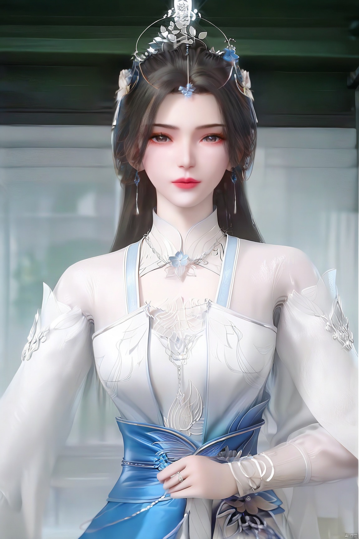 parametersscore_9,score_8_up,score_7_up,source_anime,
1girl, solo, long hair, looking at viewer, brown hair, black hair, hair ornament, long sleeves, dress, jewelry, upper body, earrings, indoors, white dress, sash, chinese clothes,
highly detailed,ultra-high resolution,32K UHD,sharp focus,best-quality,masterpiece,
