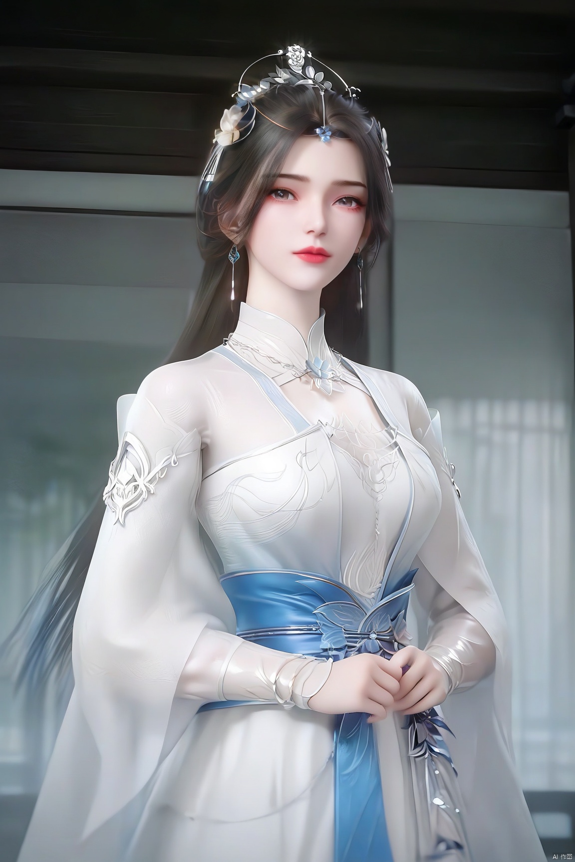 parametersscore_9,score_8_up,score_7_up,source_anime,
1girl, solo, long hair, looking at viewer, brown hair, black hair, hair ornament, long sleeves, dress, jewelry, upper body, earrings, indoors, white dress, sash, chinese clothes,
highly detailed,ultra-high resolution,32K UHD,sharp focus,best-quality,masterpiece,