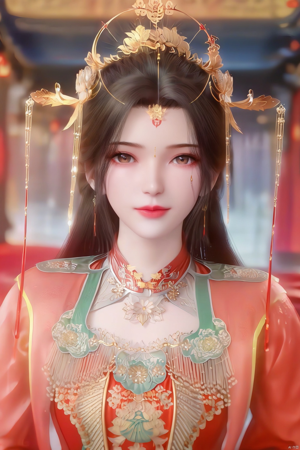 parametersscore_9,score_8_up,score_7_up,source_anime,
1girl, solo, long hair, looking at viewer, brown hair, hair ornament, dress, brown eyes, jewelry, closed mouth, upper body, blurry background, facial mark, chinese clothes, red dress, forehead mark,
highly detailed,ultra-high resolution,32K UHD,sharp focus,best-quality,masterpiece,