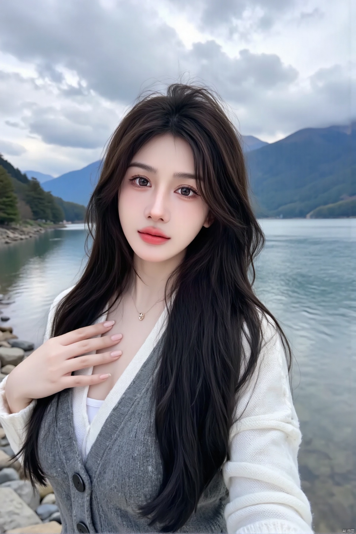 njiaan,A young Asian woman with long black hair,wearing a white cardigan and gray vest. She stood by the riverbank,with lakes and mountains in the background. The sky is filled with white clouds,adding a touch of color to the scene.,