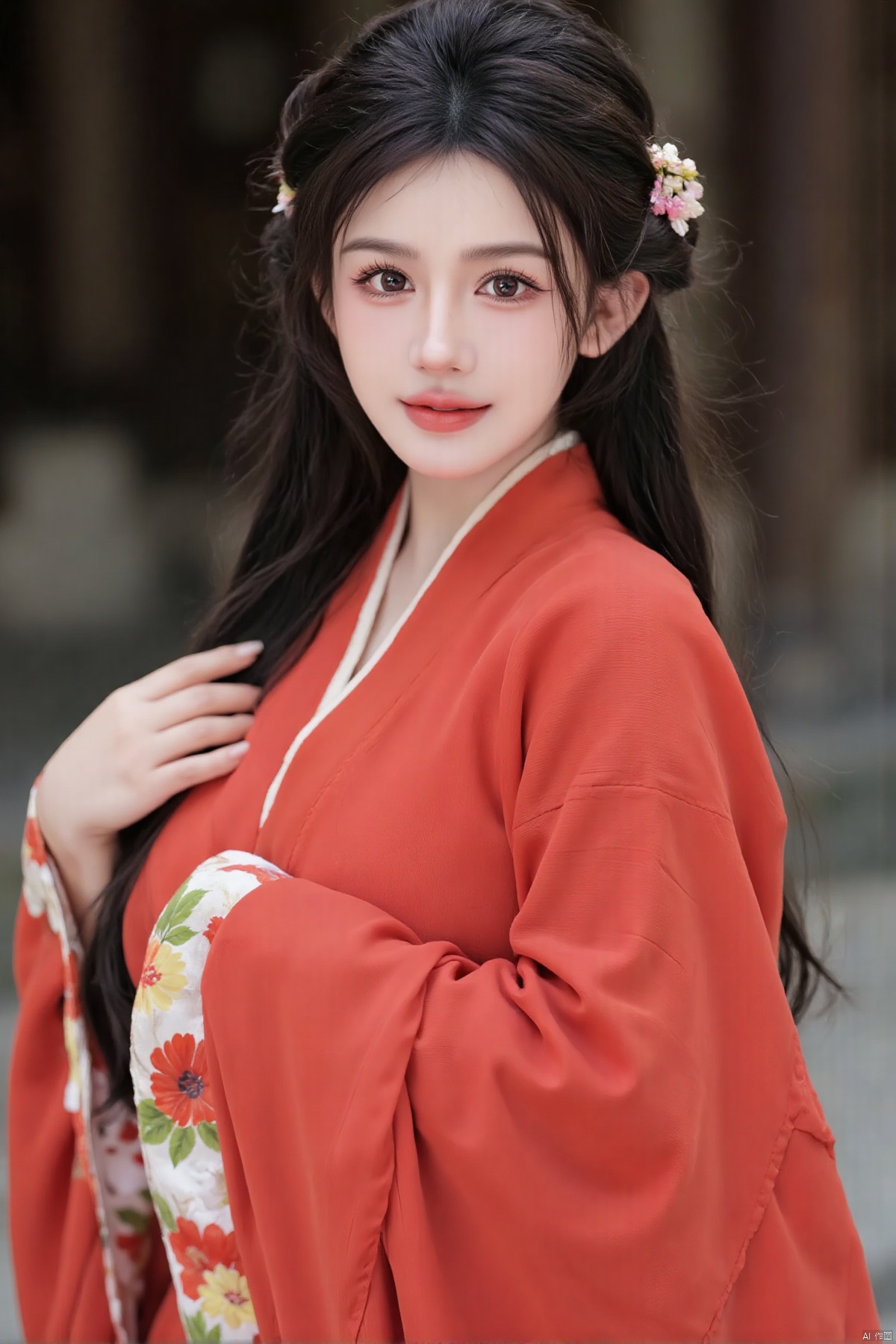 njiaan,a  woman wearing classical dance costumes,long hair,wind blown sleeves,plump body,plump face,smiling expression,camera gaze,hazy morning light,highly realistic style,and realistic photo similarity,artistic style lends reality.,,