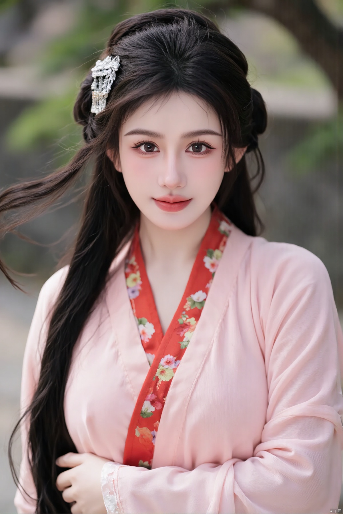 njiaan,(a woman in classical dance costume,beautiful detailed eyes,beautiful detailed lips,extremely detailed eyes and face,long eyelashes,long flowing hair,wind blown sleeves,plump body,plump face,smiling expression,looking at camera,hazy morning light,best quality,4k,8k,highres,masterpiece:1.2,ultra-detailed,realistic,photorealistic,photo-realistic:1.37,HDR,UHD,studio lighting,ultra-fine painting,sharp focus,physically-based rendering,extreme detail description,professional,vivid colors,bokeh,artistic style lends reality,soft pastel tones,ethereal atmosphere,graceful pose,serene background)