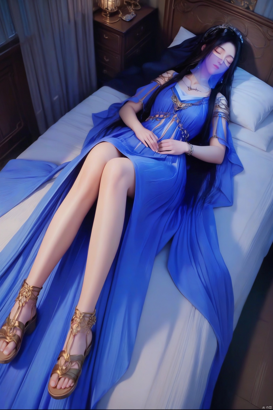 parametersscore_9,score_8_up,score_7_up,source_anime,
1girl, solo, long hair, black hair, dress, blue dress, sandals, veil,sleep,
highly detailed,ultra-high resolution,32K UHD,sharp focus,best-quality,masterpiece,