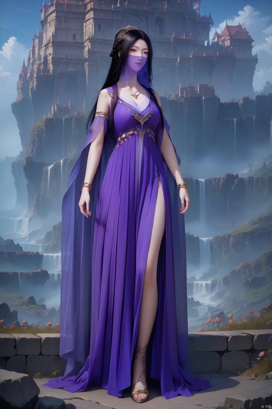 parametersscore_9,score_8_up,score_7_up,source_anime,
1girl, solo, long hair, black hair, dress, jewelry, full body, outdoors, sky, necklace, bracelet, veil, purple dress,
highly detailed,ultra-high resolution,32K UHD,sharp focus,best-quality,masterpiece,
