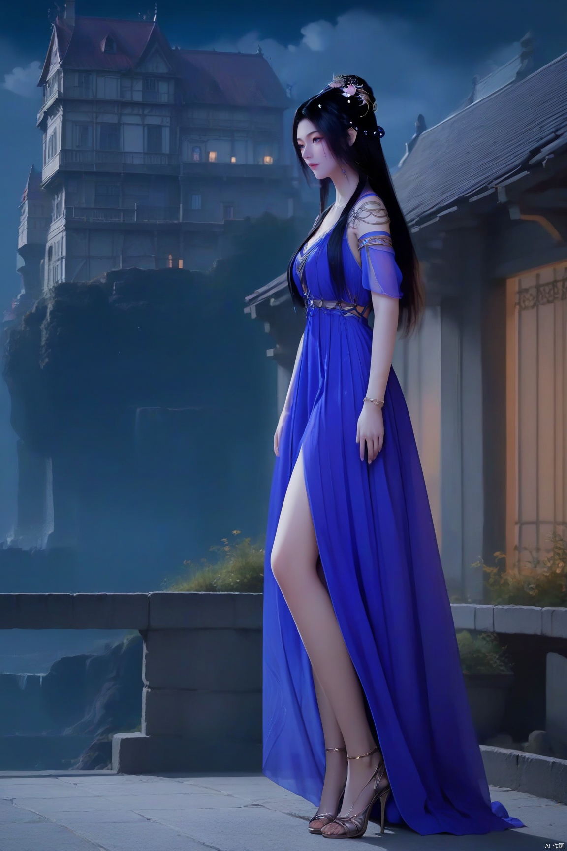 parametersscore_9,score_8_up,score_7_up,source_anime,
1girl, solo, long hair, black hair, hair ornament, dress, hair bun, high heels, from side, night, blue dress, building, purple dress,
highly detailed,ultra-high resolution,32K UHD,sharp focus,best-quality,masterpiece,