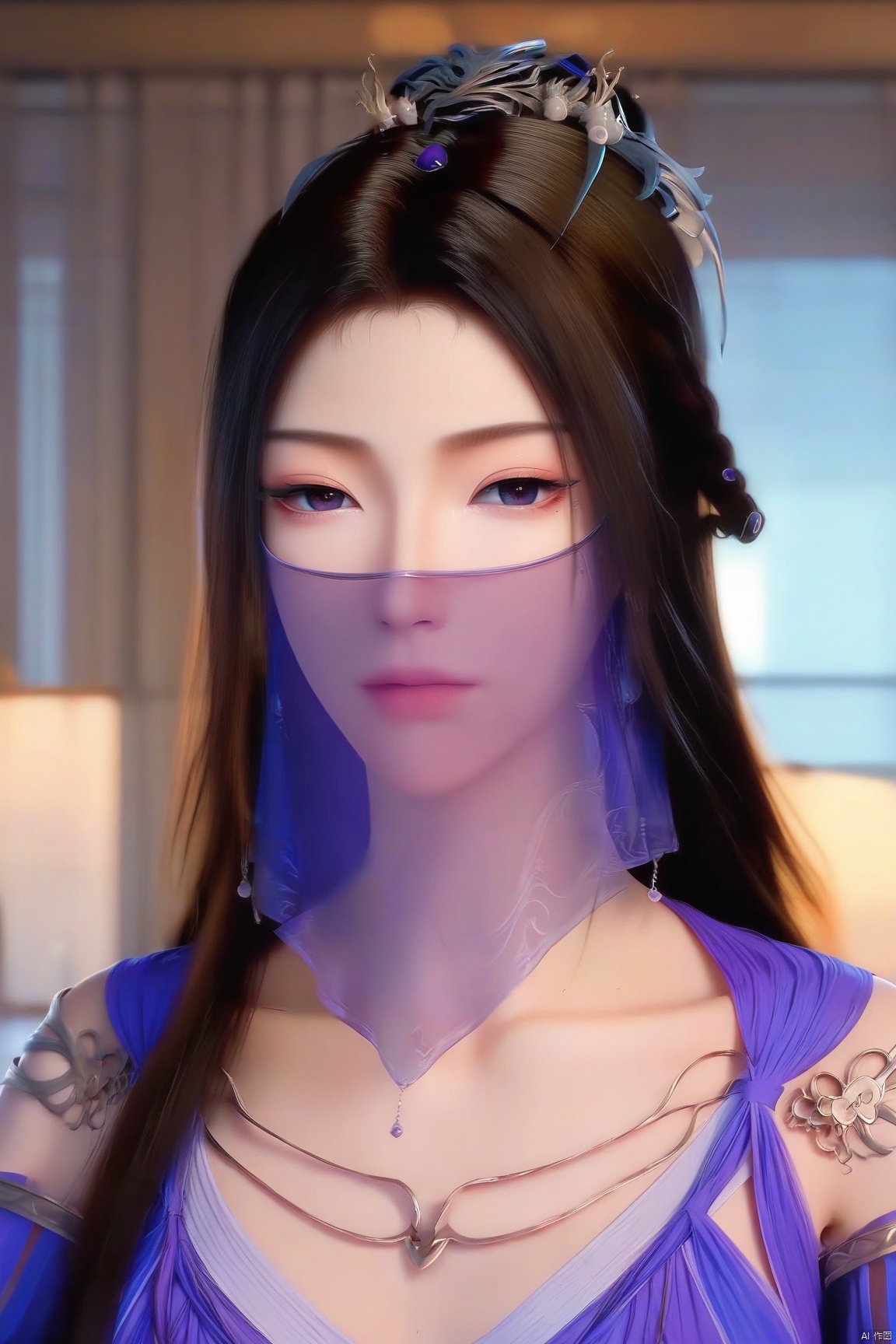 parametersscore_9,score_8_up,score_7_up,source_anime,
1girl, solo, long hair, looking at viewer, brown hair, black hair, hair ornament, dress, jewelry, upper body, indoors, necklace, blue dress, expressionless, veil, purple dress, mouth veil,
highly detailed,ultra-high resolution,32K UHD,sharp focus,best-quality,masterpiece,