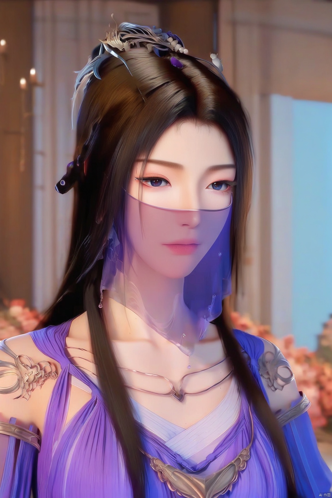 parametersscore_9,score_8_up,score_7_up,source_anime,
1girl, solo, long hair, looking at viewer, brown hair, black hair, hair ornament, dress, jewelry, upper body, indoors, necklace, blue dress, expressionless, veil, purple dress, mouth veil,
highly detailed,ultra-high resolution,32K UHD,sharp focus,best-quality,masterpiece,